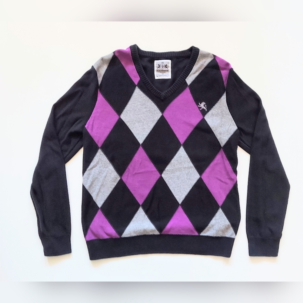 Express V Neck Pullover Argyle Spring Sweater Mens Size Medium Black Purple